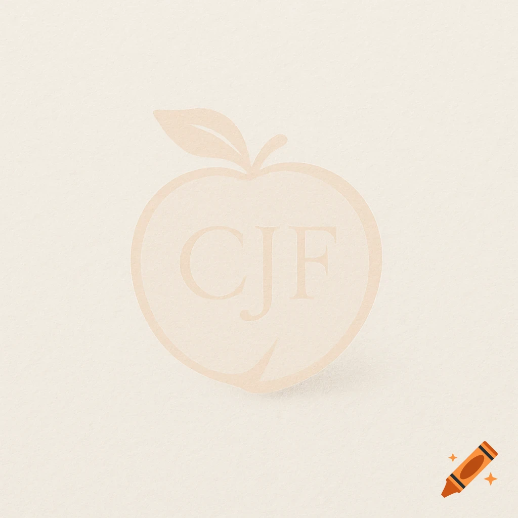 Minimalist, transparent peach-shaped logo with subtle CJF initials on a textured off-white background.