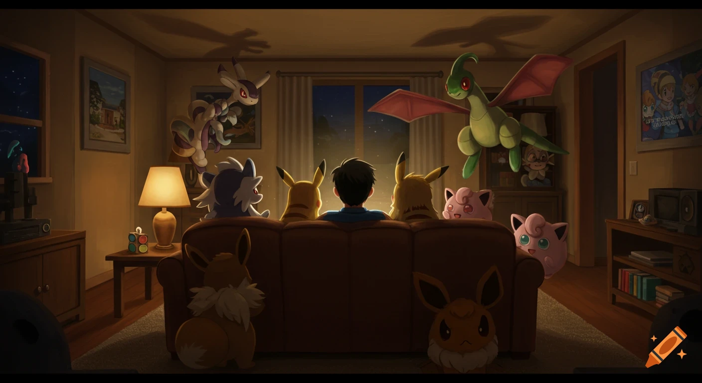 A Pokemon trainer and several Pokemon sit on a couch, watching a movie in a dimly lit living room at night. Pikachu, Eevee, Lycanroc, Purrloin, Flygon, and Jigglypuff are visible.