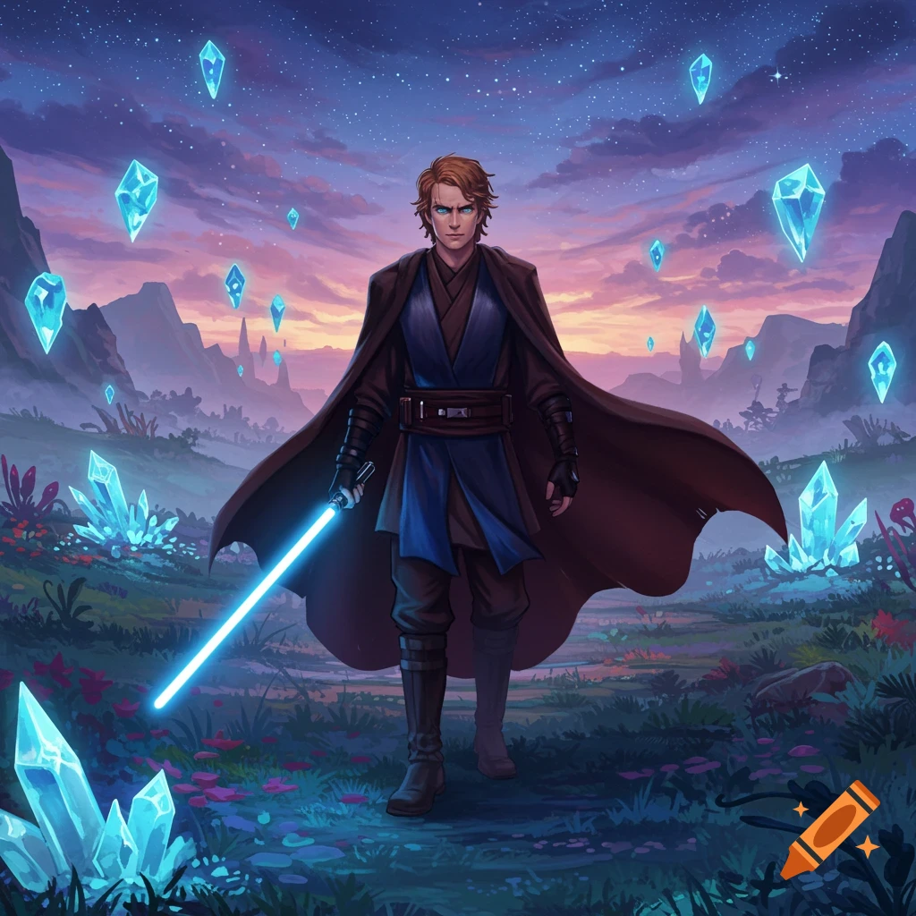 Anakin Skywalker holding a blue lightsaber in a field with glowing blue crystals under a purple, starry sky, stylized.