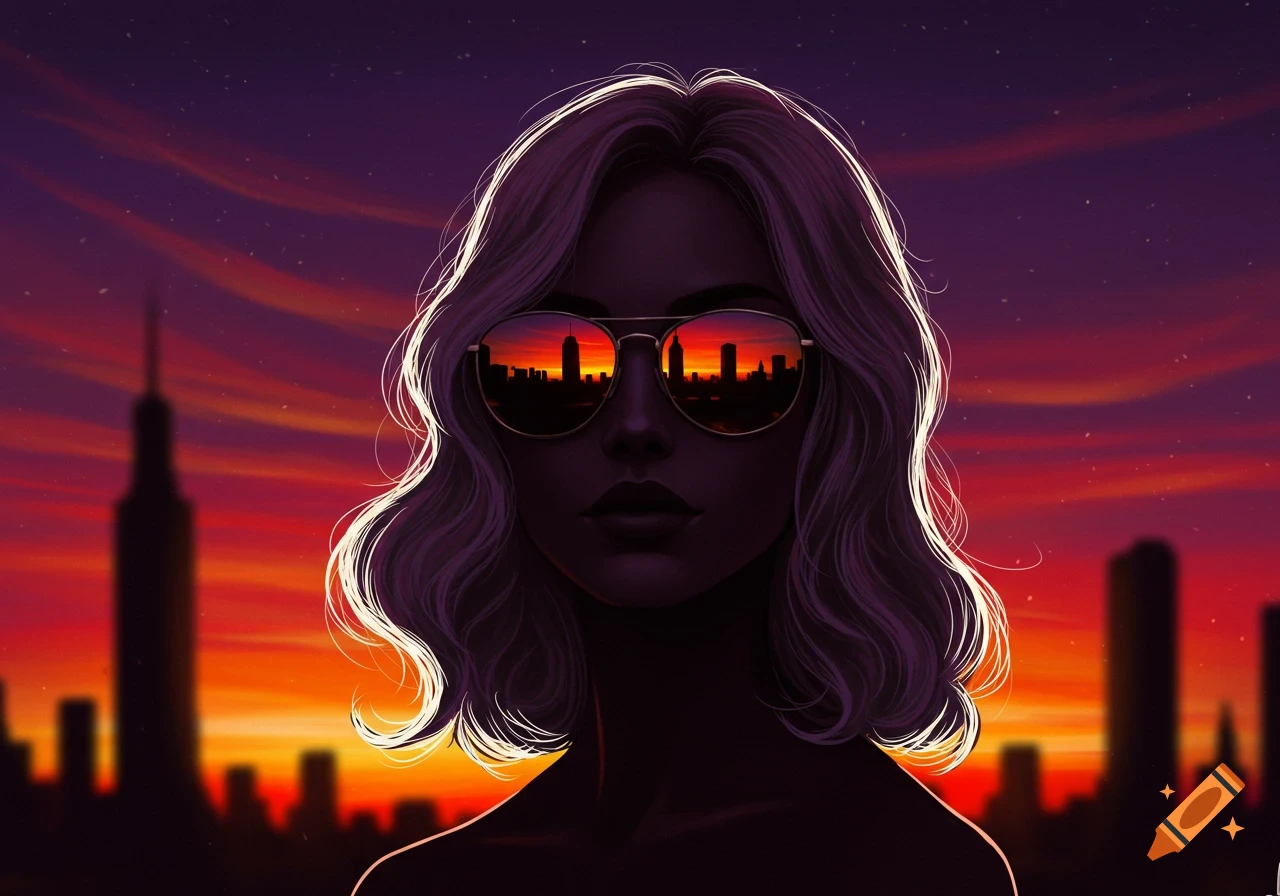 Stylized portrait of a woman in sunglasses reflecting a city skyline against a vibrant sunset sky.