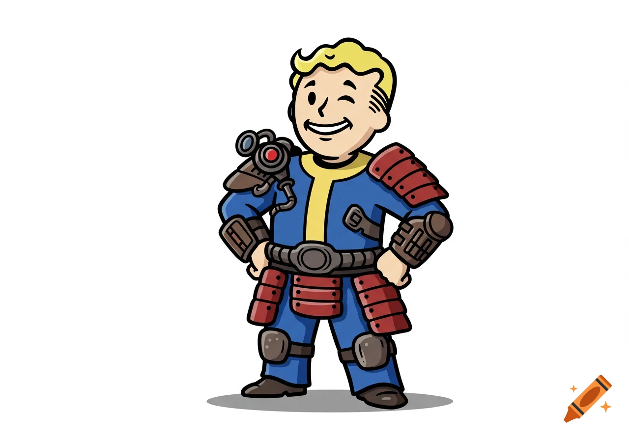 Cartoon illustration of Fallout's Vault Boy wearing a misfit concoction of armor, winking and smiling.