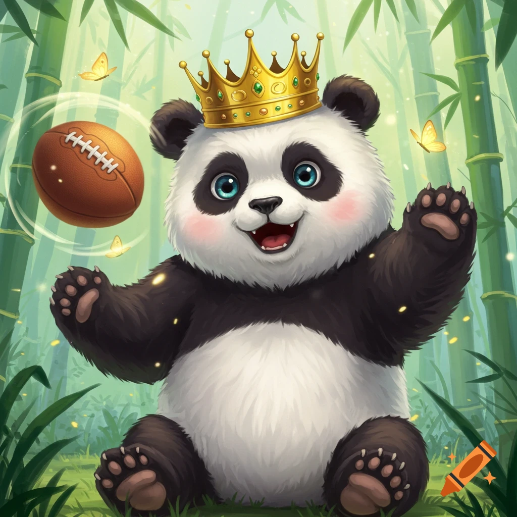 A cute cartoon panda wearing a golden crown sits in a bamboo forest, smiling with open paws and a football floating nearby.