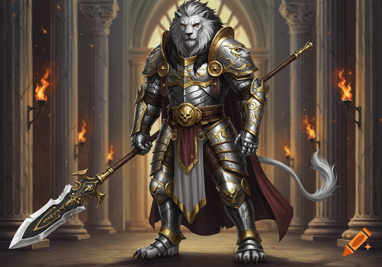 A majestic lion knight in ornate silver and gold armor holds a spear, standing in a grand hall with columns and burning torches.