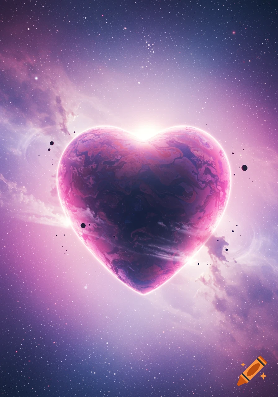 A vibrant pink and purple heart-shaped planet glowing in a nebula-filled starry space.