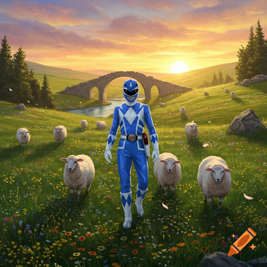 A blue Power Ranger stands in a green, flower-filled meadow among sheep with a stone bridge and sunset in the background. Photorealistic style.