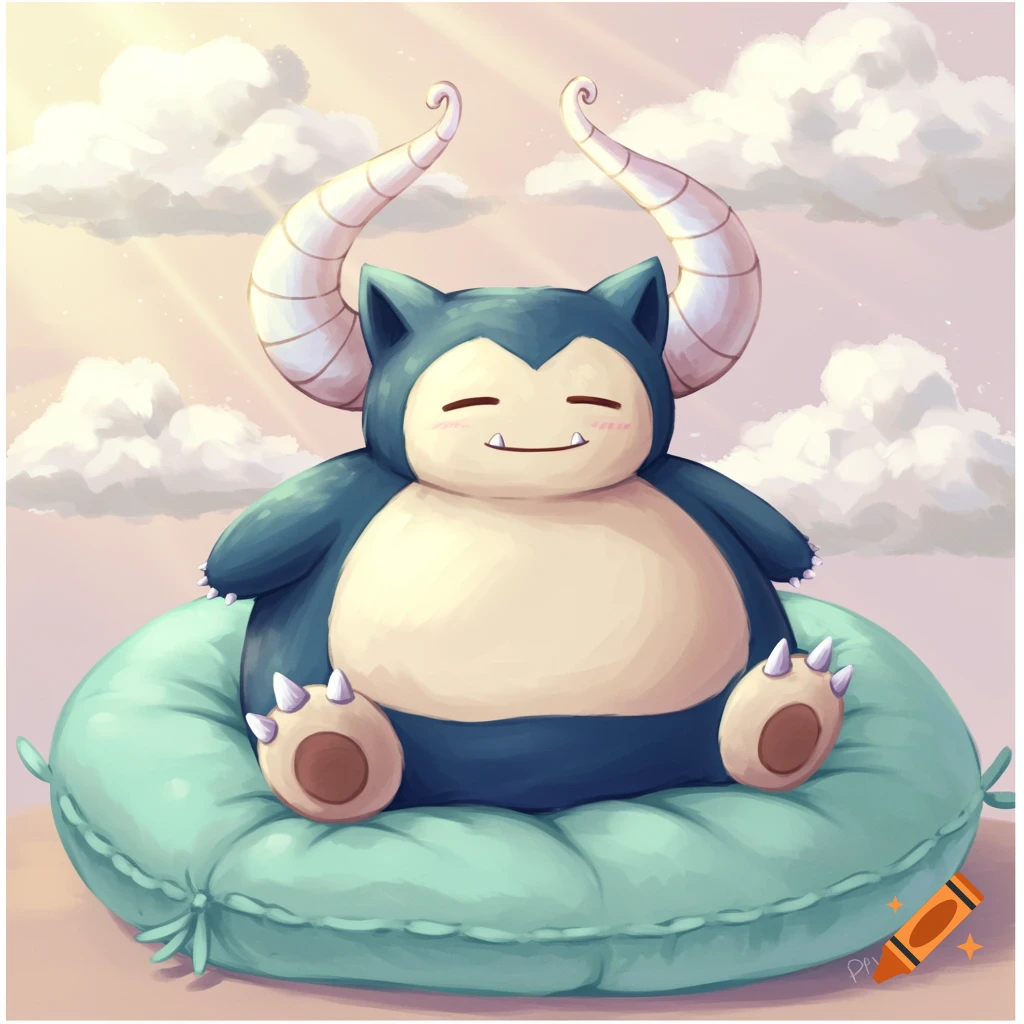 A cute Snorlax with horns sits happily on a light blue pillow against a cloudy sky with sun rays.