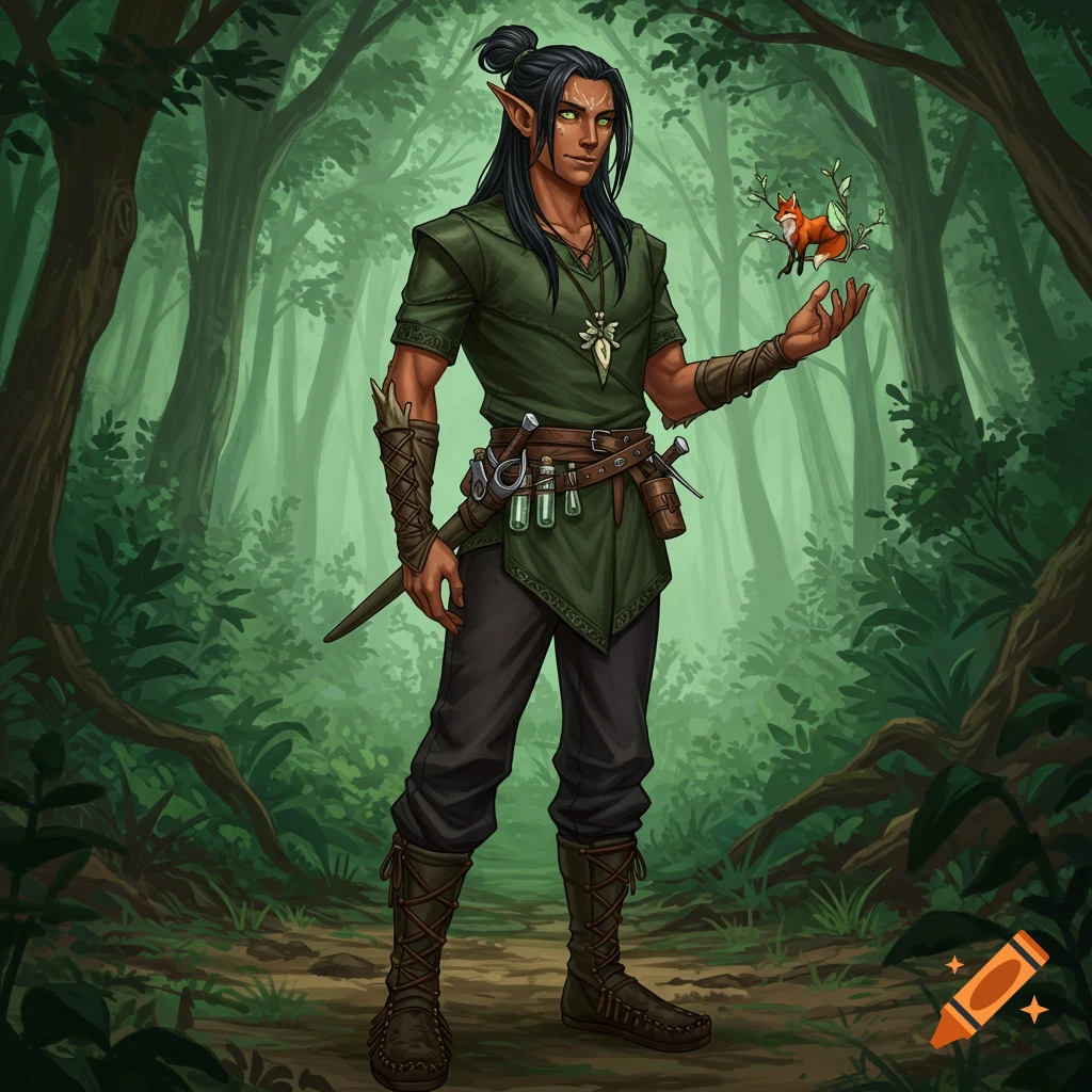 An elf-like man with long dark hair and pointed ears stands in a forest, holding a small fox.