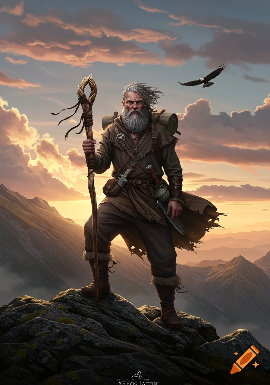 Digital painting of a rugged, bearded man in travel gear, holding a staff on a mountain peak at sunset, with an eagle flying.