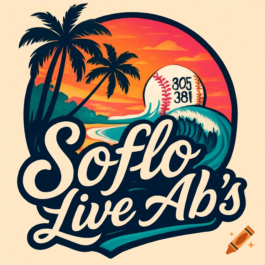 A vibrant logo featuring palm trees, a sunset, and waves, with a baseball showing numbers '305 381' and text 'Soflo Live Ab's'.