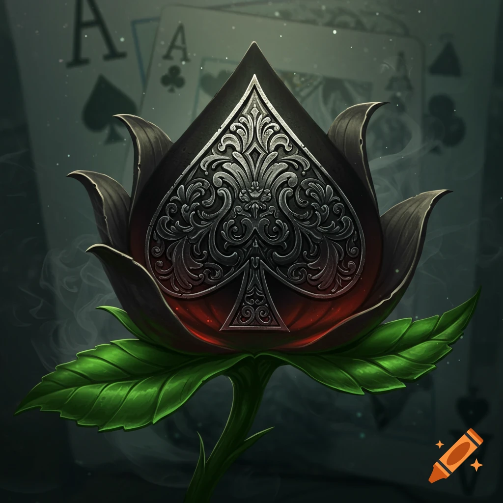 A stylized ace of spades forms a dark flower with green leaves, against a blurred background of playing cards.