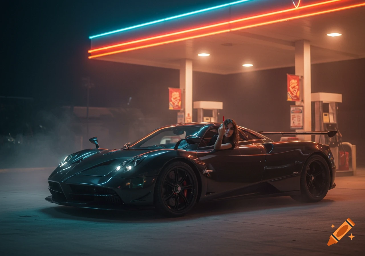 Hyper-realistic photo of a sleek black Pagani at a gas station at night, with a woman leaning out of the car with her hand up.