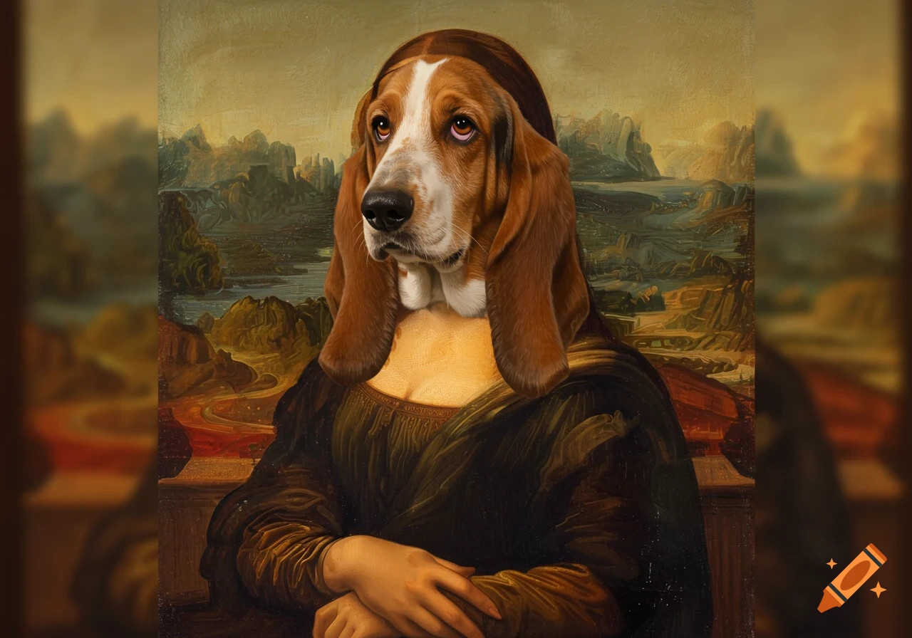 A Basset Hound dog's head superimposed on the body of Mona Lisa, depicted in the style of the famous oil painting.