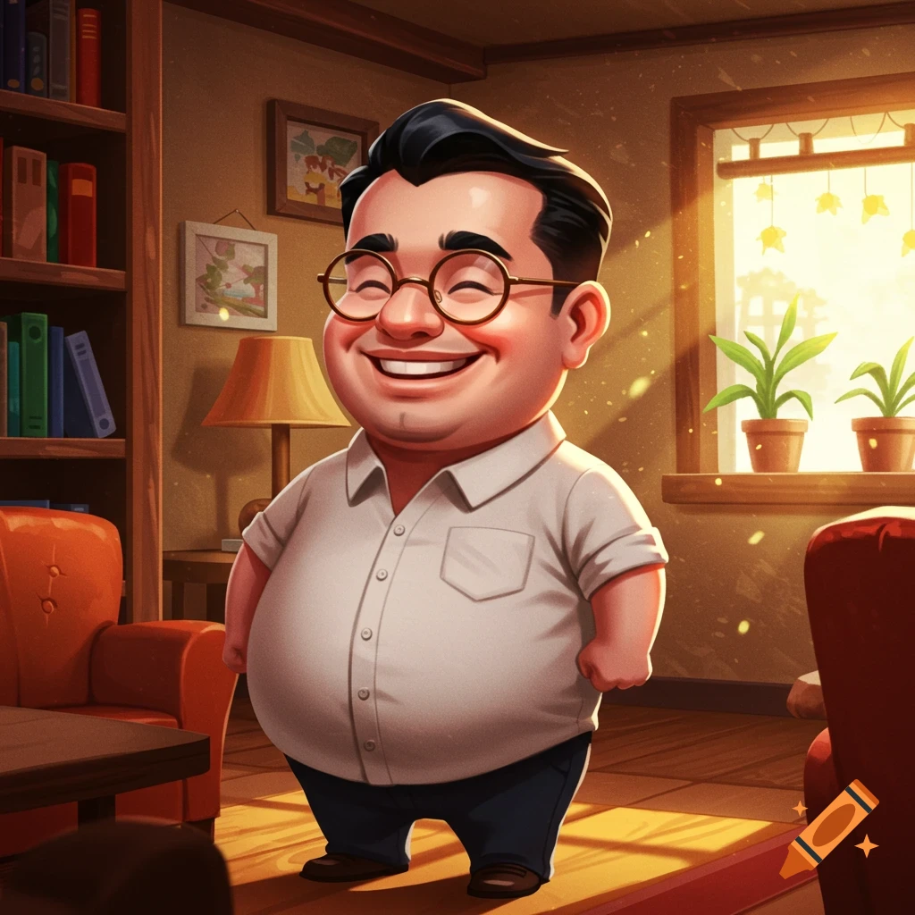A cheerful, round-bellied cartoon man with glasses and black hair smiles broadly in a sunlit living room.