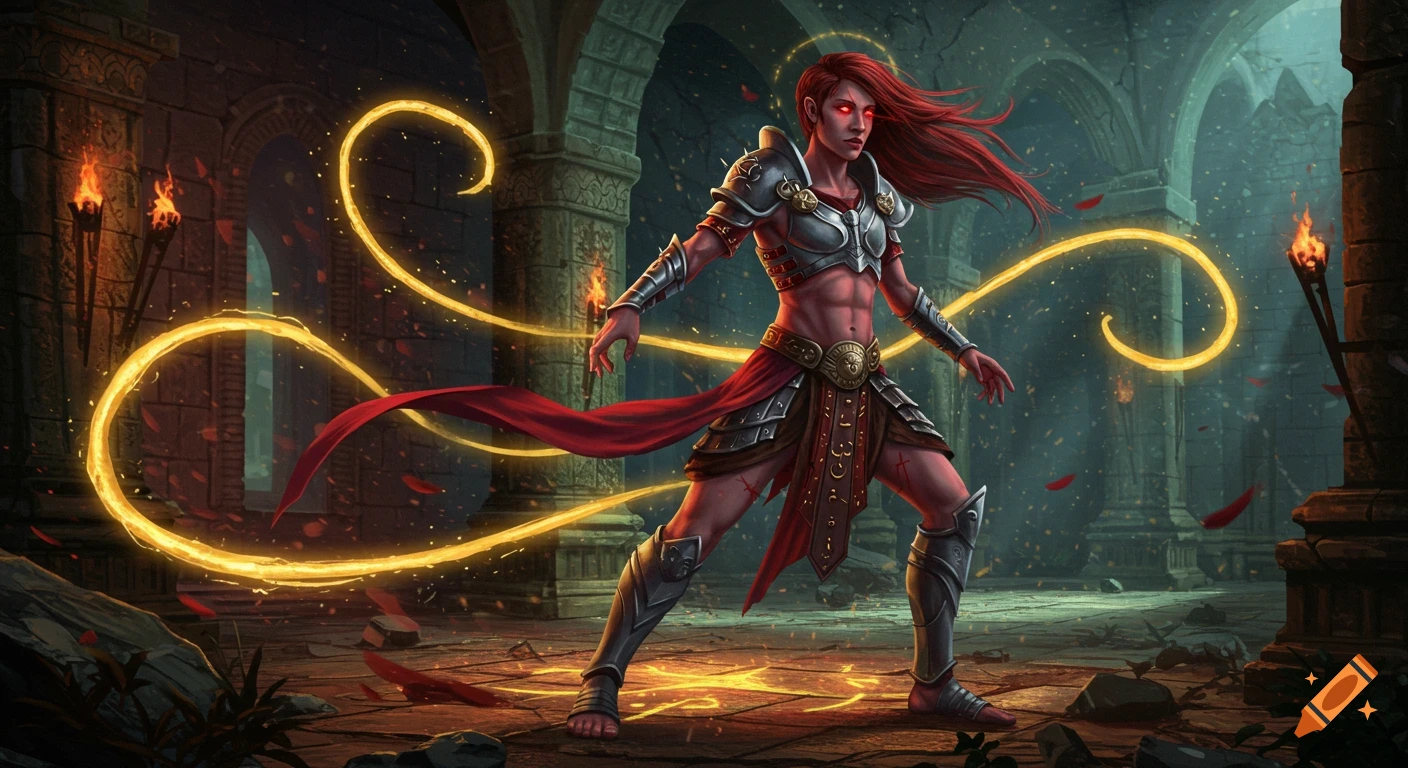 A red-haired female warrior with glowing red eyes and silver armor stands in a ruined stone hall, surrounded by glowing golden magical energy.