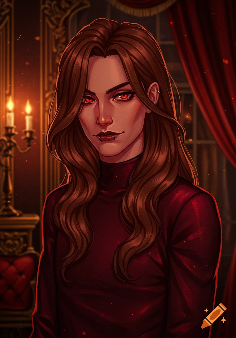 A stylized portrait of a person with long brown hair, red eyes, and lip rings, wearing a red turtleneck in a dimly lit, ornate room.