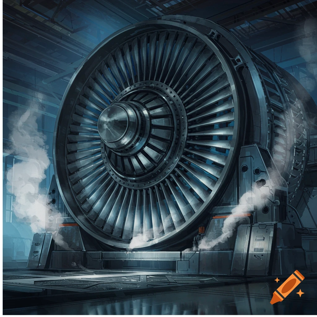 A large, stylized industrial turbine with many blades in a dark power plant, with steam rising.