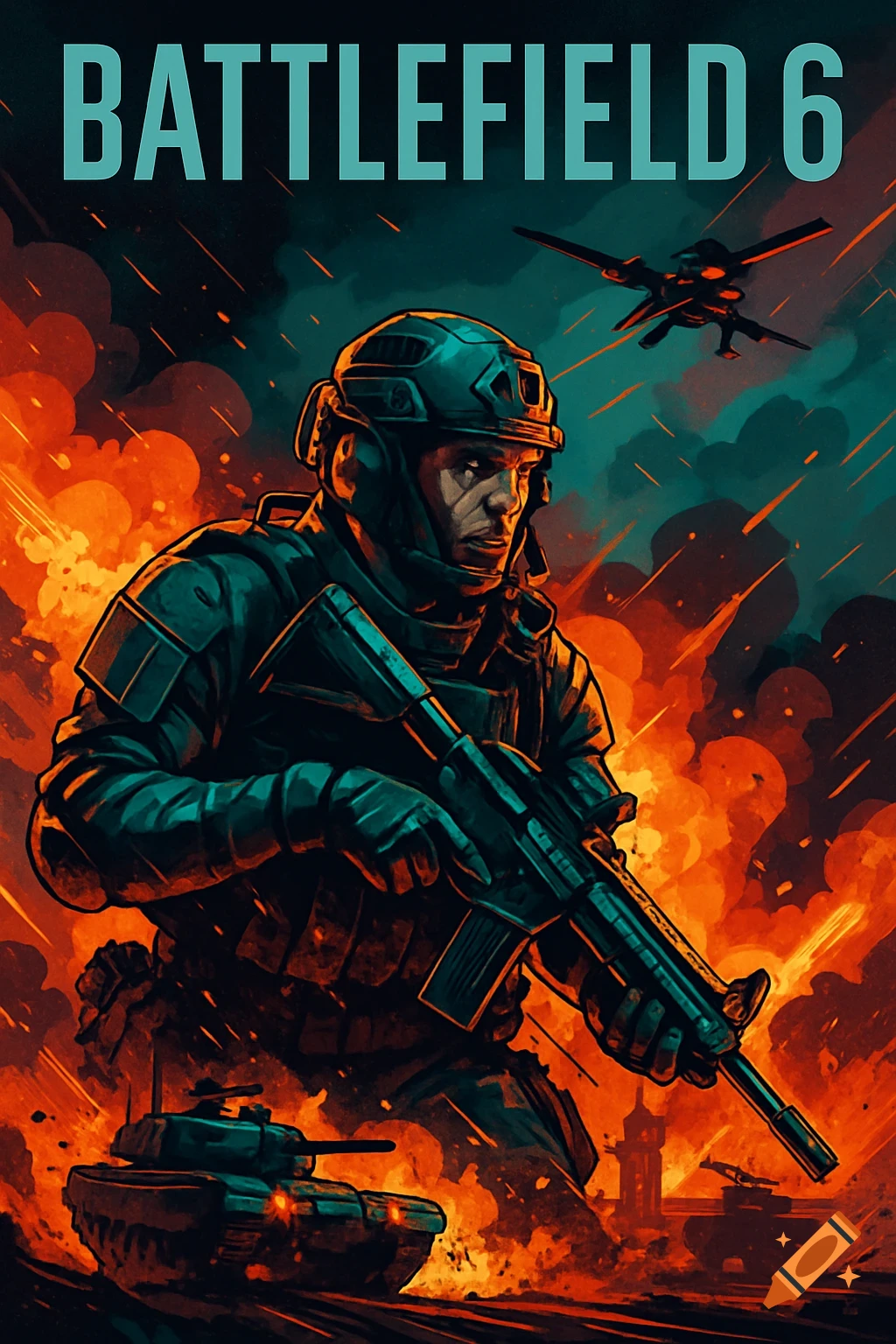 Stylized poster of a soldier holding a rifle amidst explosions, with a tank, drone, and the text 'BATTLEFIELD 6' above.