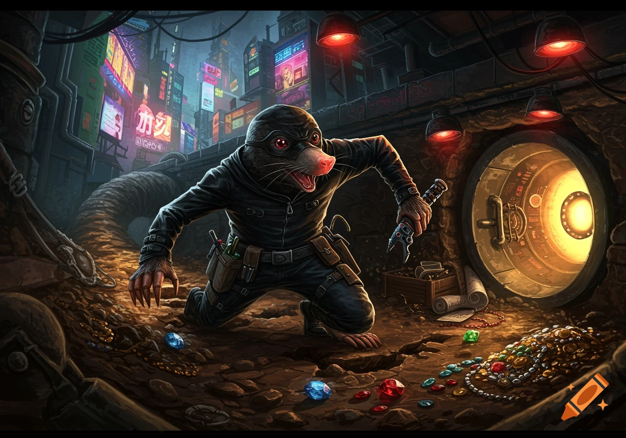 A mole-like burglar in a black suit with a red nose and red eyes crouches in a dark underground tunnel, surrounded by spilled jewels and coins. A large vault door is open to the right, and a vibrant cyberpunk city glows in the background.