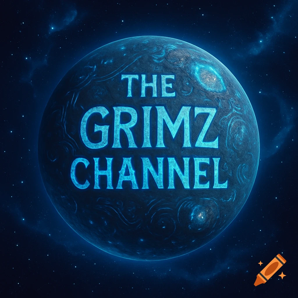 A blue alien planet with glowing text that reads 'THE GRIMZ CHANNEL' floating in a star-filled galaxy.