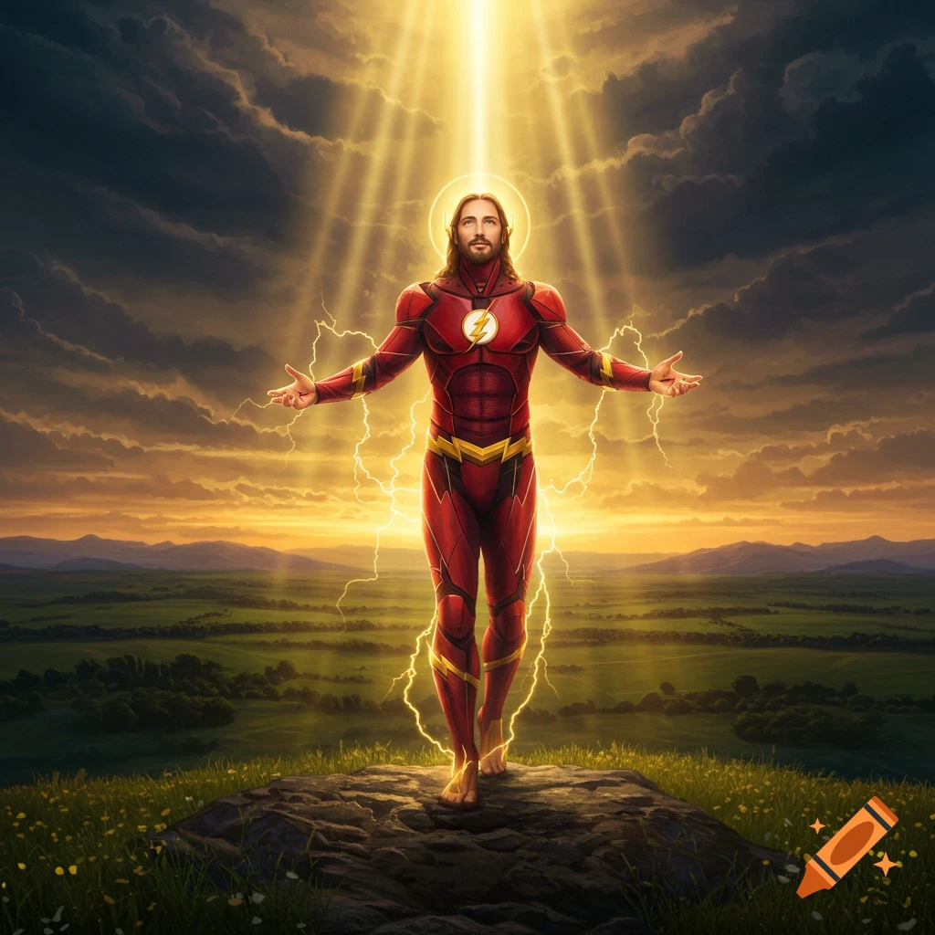 Jesus Christ dressed as the Flash superhero, standing on a rock under a ray of light and stormy sky at sunset.