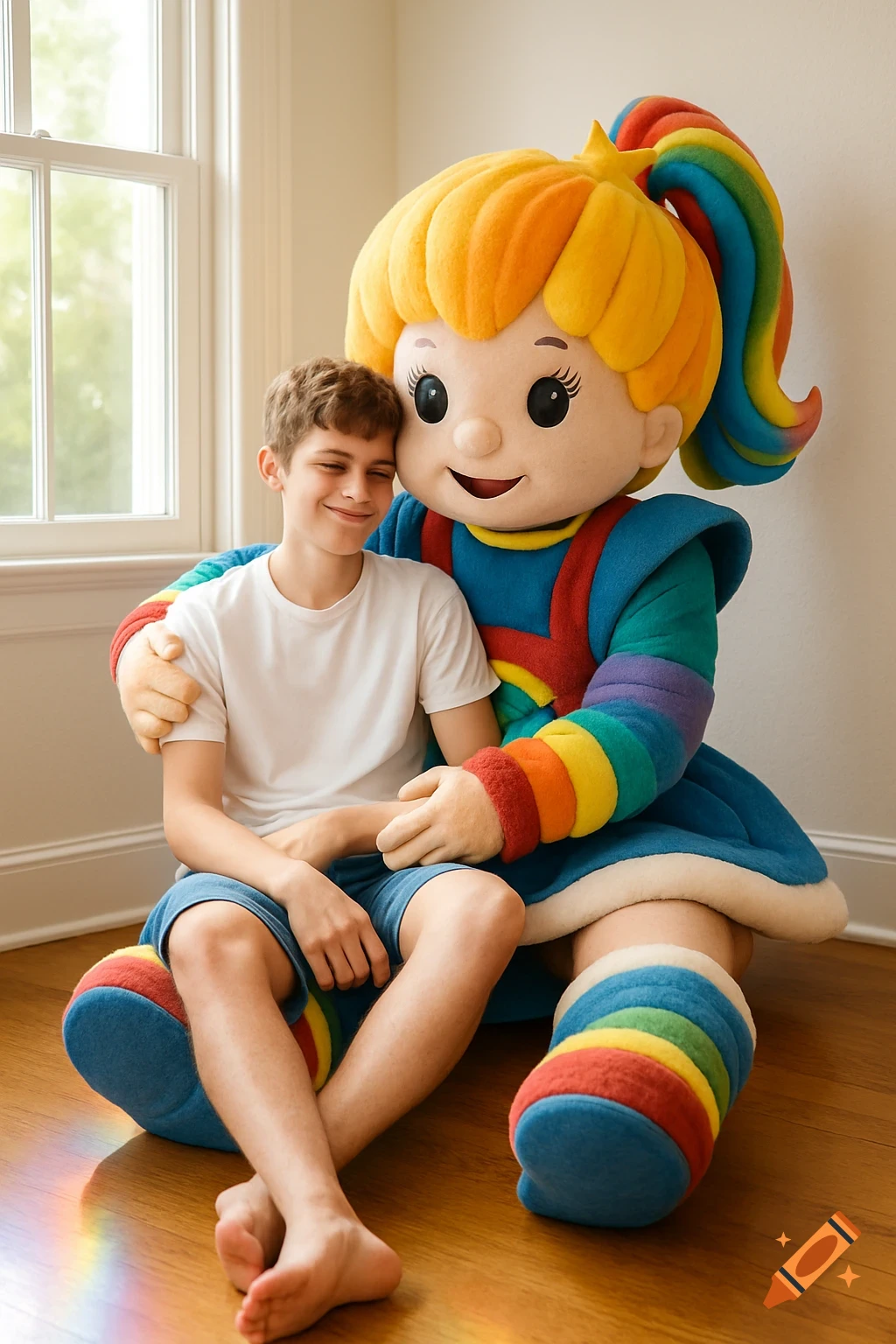 A boy sits on Rainbow Brite mascot's lap as she embraces him in a bright room.