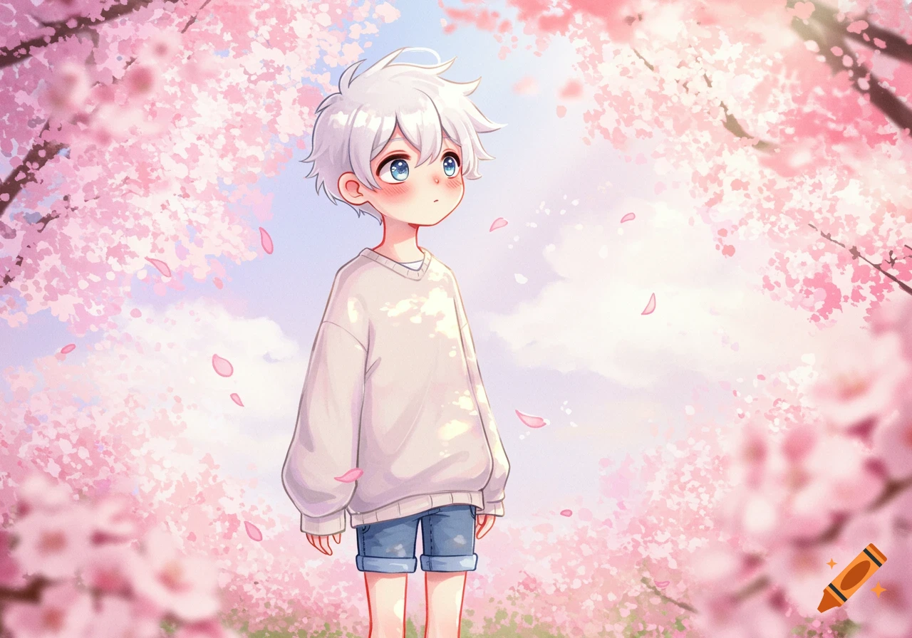 An anime boy with white hair and blue eyes stands among pink cherry blossoms.