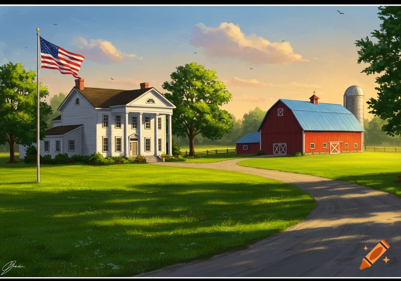 An illustration of a white farmhouse with pillars and an American flag, a red barn with a blue roof, and a winding driveway on a grassy farm.