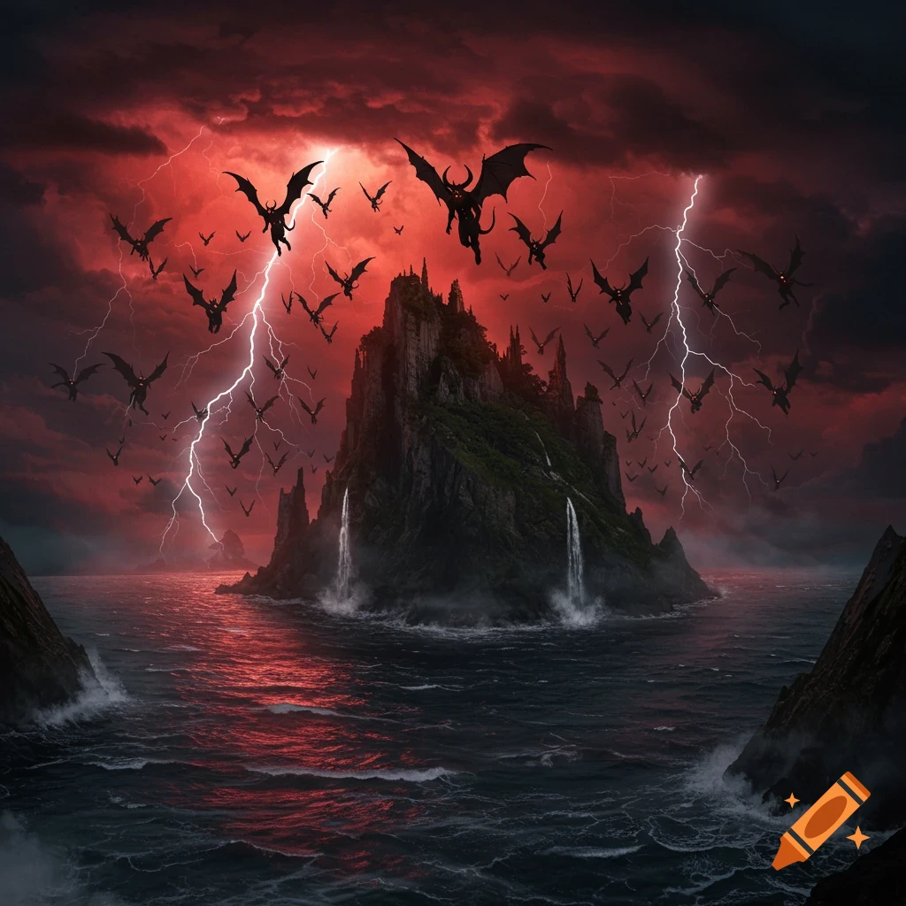 A dark fantasy scene featuring a towering castle island in a stormy red ocean, illuminated by lightning, with numerous winged demons flying overhead.