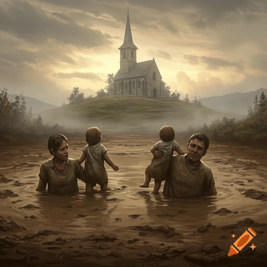 A somber painting of parents and children wading through deep mud toward a distant church on a hill.