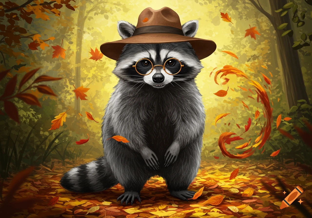 A cute raccoon wearing a brown hat and round glasses stands among fallen autumn leaves in a sunlit forest, digital art.