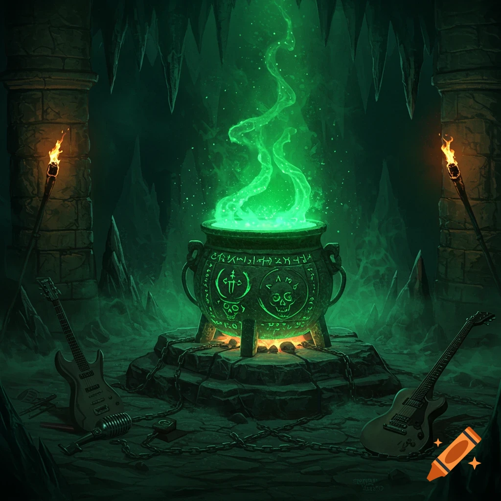 A glowing green cauldron surrounded by electric guitars and torches in a dark, cavernous setting, in a detailed heavy metal art style.