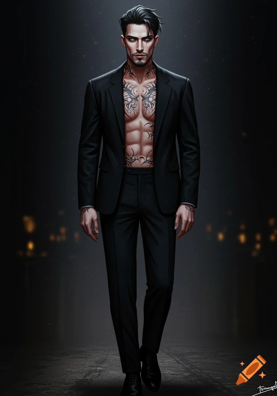 A full-body stylized illustration of a man with black hair, glowing eyes, and chest tattoos wearing an open black suit jacket.