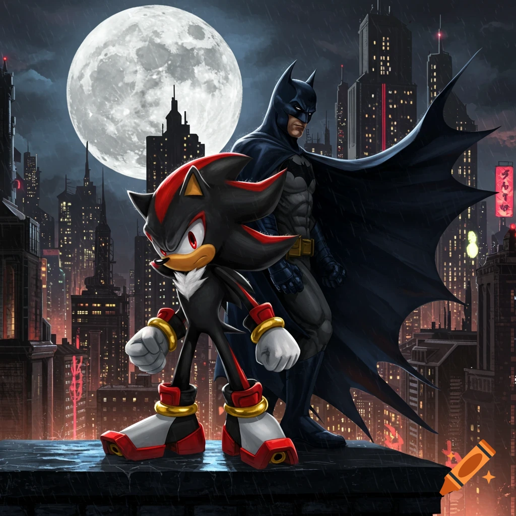 Shadow the Hedgehog and Batman stand together on a rainy Gotham City rooftop under a full moon. Shadow is in the foreground, Batman behind him.