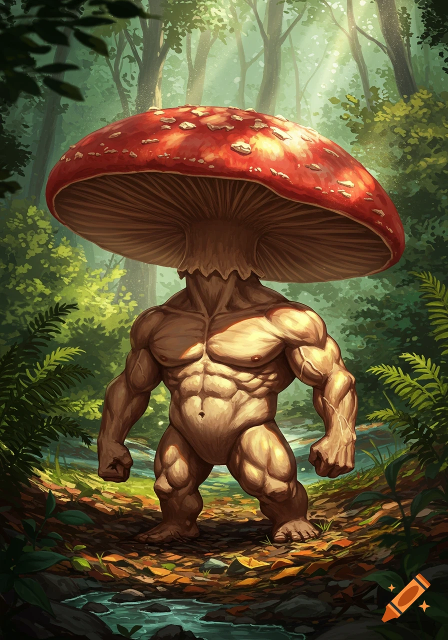A muscular mushroom creature with a red cap stands in a sunlit forest, fantasy illustration.