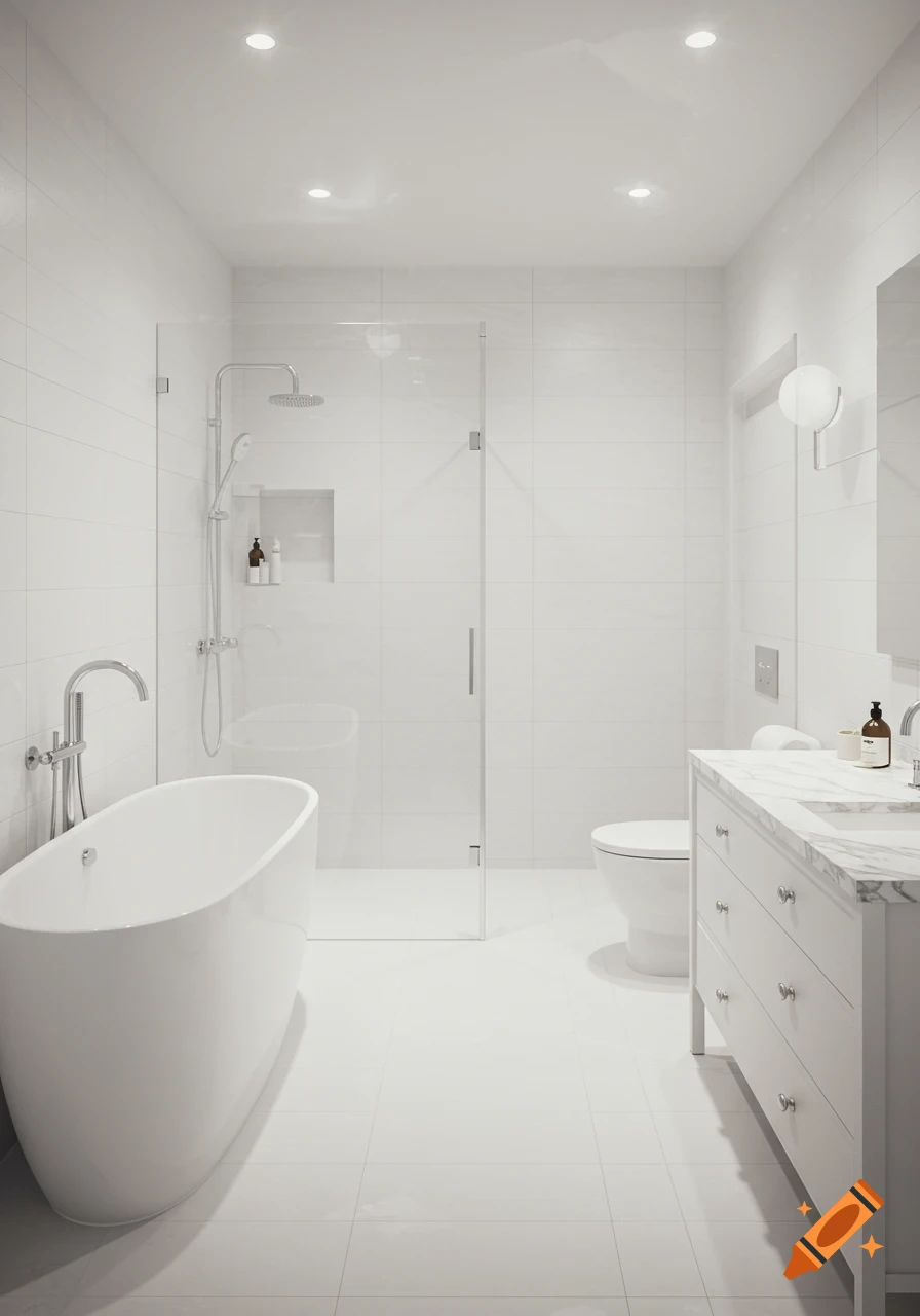 A bright, modern all-white bathroom with a freestanding bathtub, glass shower, toilet, and marble-topped vanity.