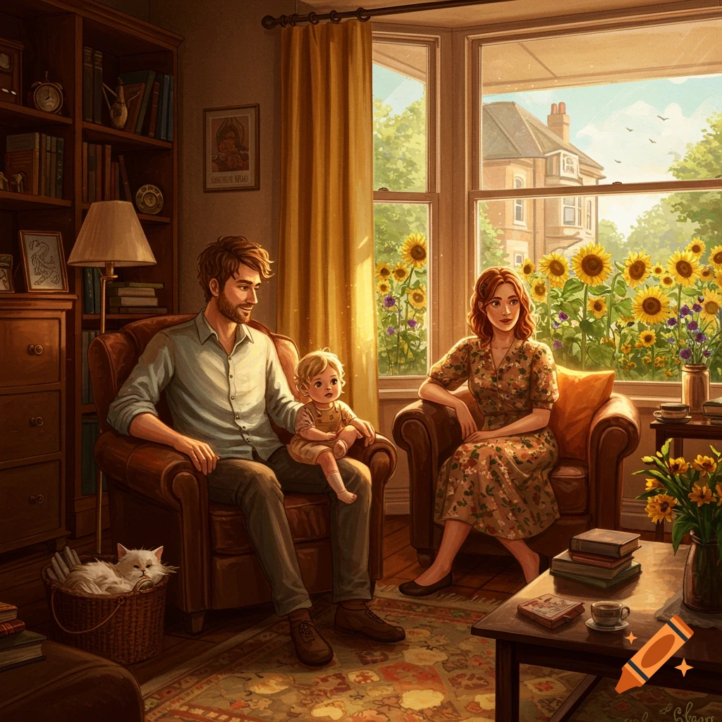 A man holds a toddler on his lap, sitting in an armchair next to a woman in a floral dress, in a cozy living room with a cat in a basket and sunflowers visible through a large window.