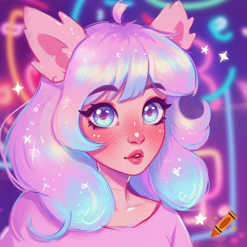 A colorful anime-style portrait of a girl with large eyes, pink and blue hair, and cat ears, against a neon background.