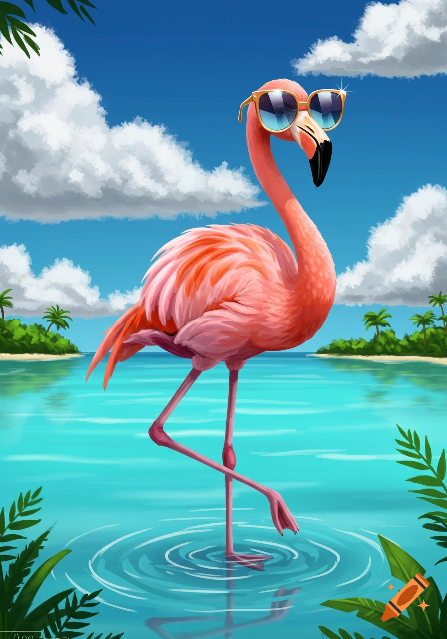 An illustrated pink flamingo in sunglasses stands in blue tropical water, with palm trees and a cloudy sky.