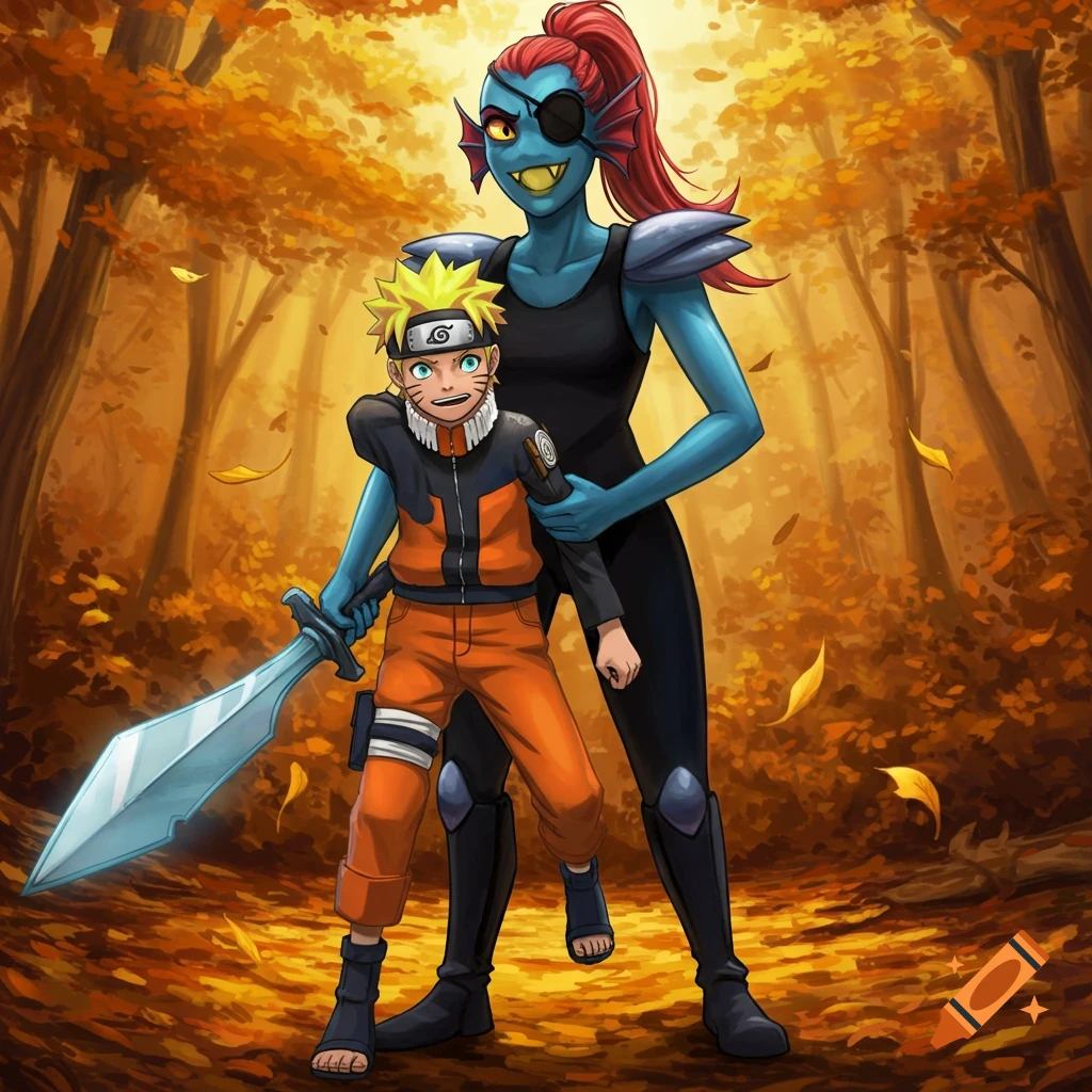 Anime-style Undyne from Undertale holding Naruto Uzumaki, who holds a sword, in an autumn forest.