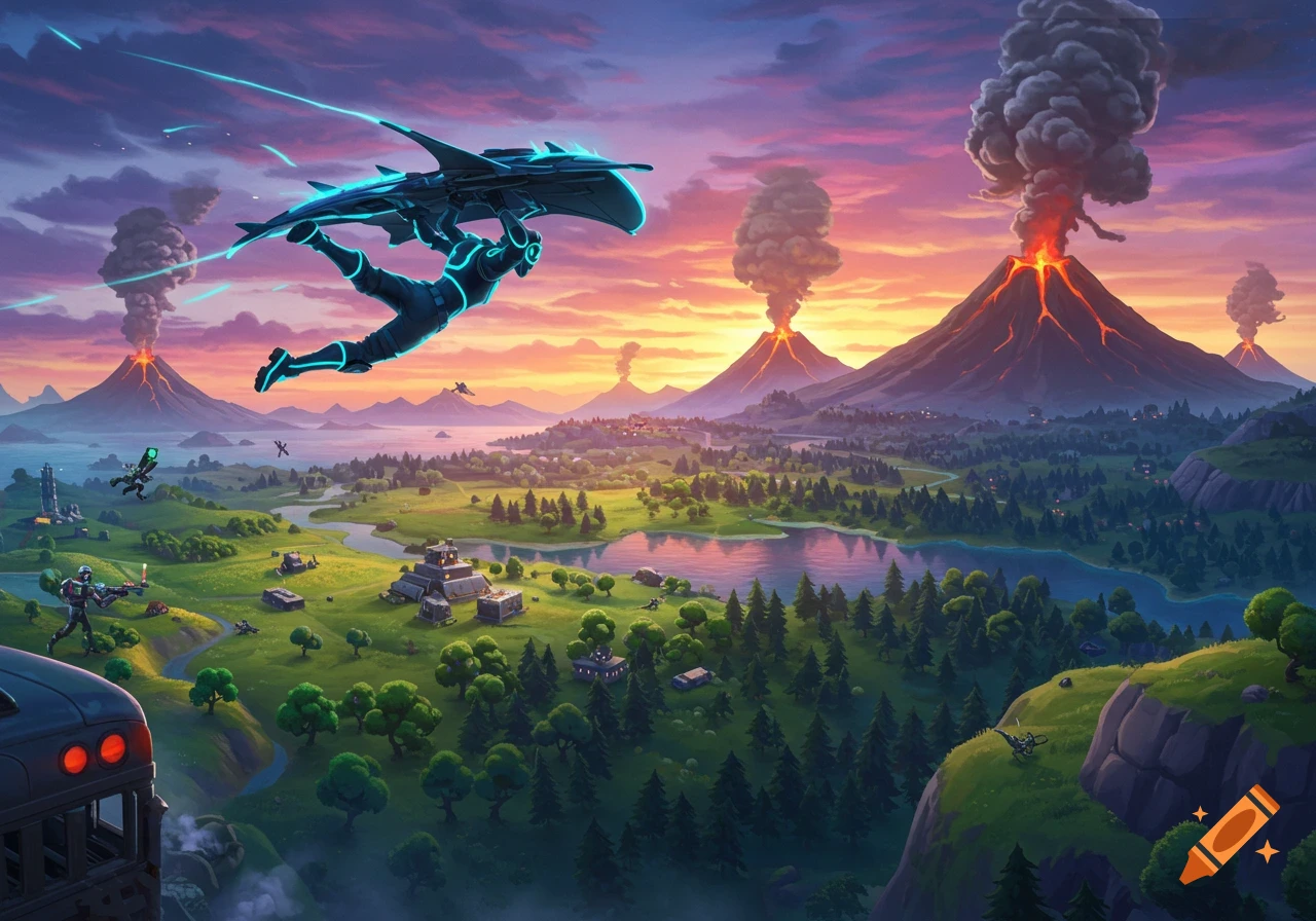 A stylized character glides over a vibrant landscape with erupting volcanoes, lakes, and forests, reminiscent of a video game.