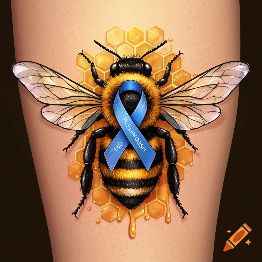 A detailed tattoo illustration of a fuzzy bee with a blue awareness ribbon on a honeycomb background on light skin.