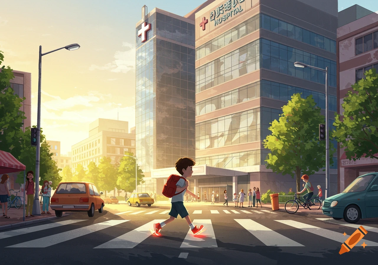 A cartoon illustration of a boy with a red backpack crossing a sunny city street on a crosswalk towards a hospital.