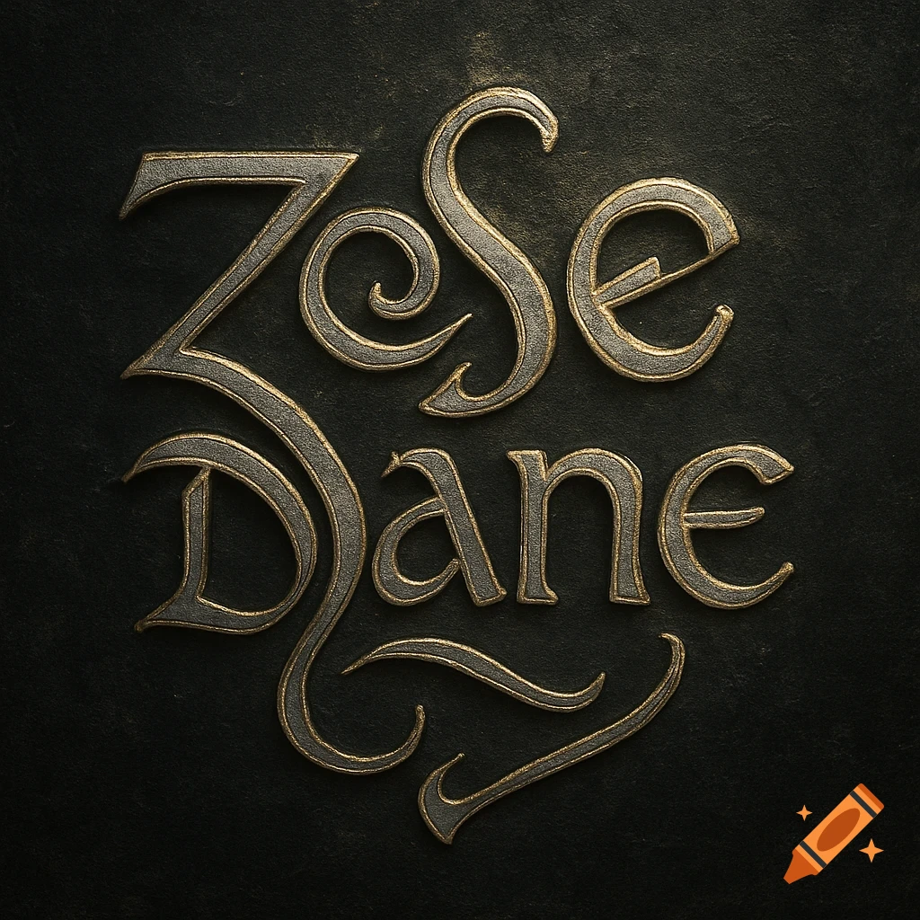 Stylized metallic gold and silver text 'Zose Dane' on a dark textured background.