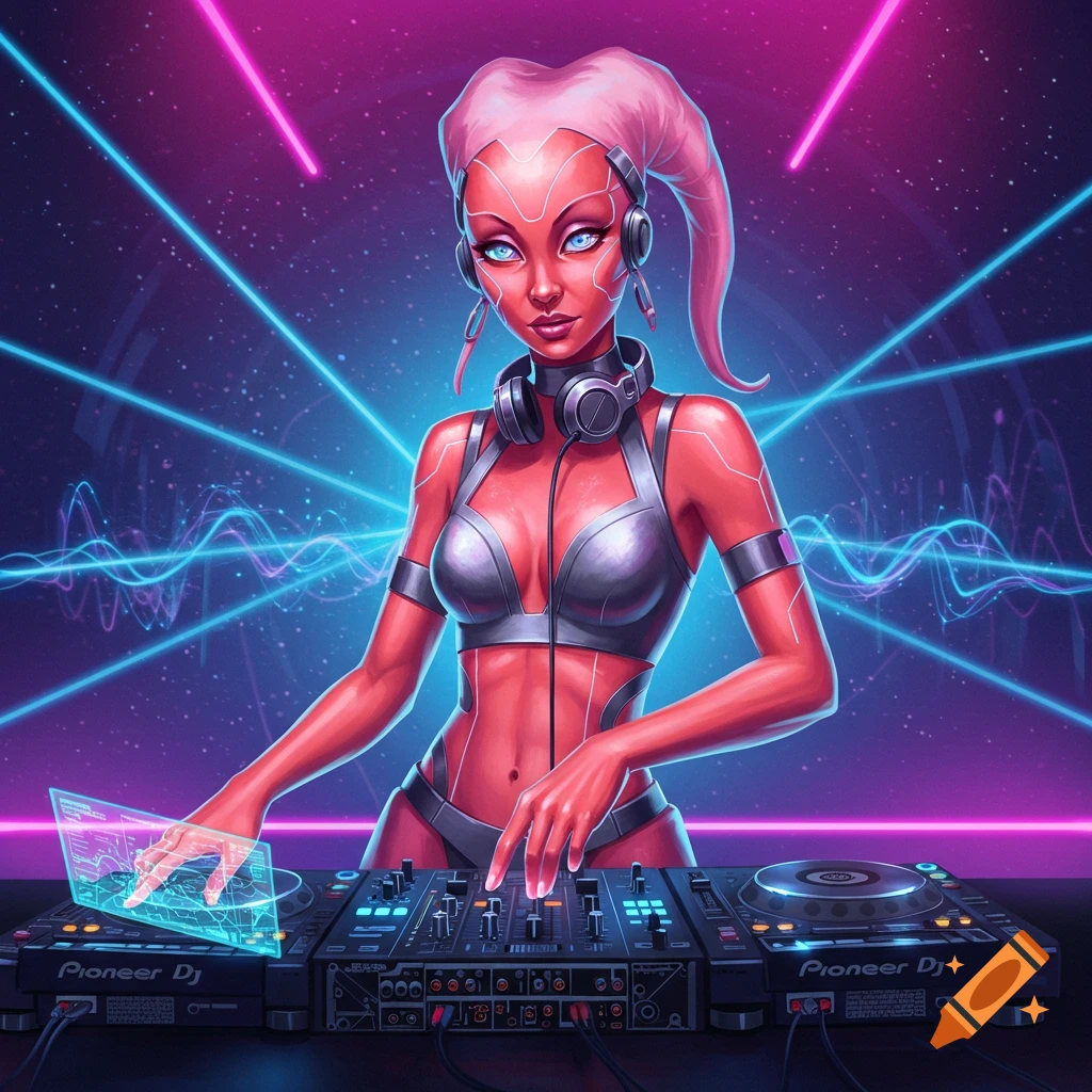 A red-skinned alien woman with pink lekku, wearing a metallic silver outfit and headphones, operates a DJ mixing console under blue and pink neon lights.