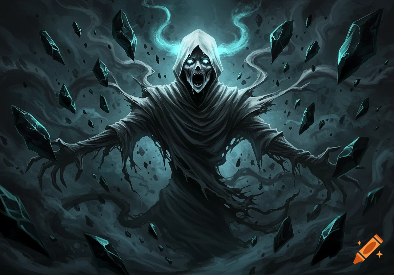 A screaming skeletal figure in a ripped hooded robe with glowing blue eyes, surrounded by floating crystals and smoke in a dark fantasy art style.
