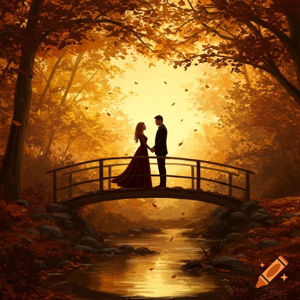 A man and woman stand holding hands on a wooden bridge over a stream in a vibrant autumn forest, with golden light.