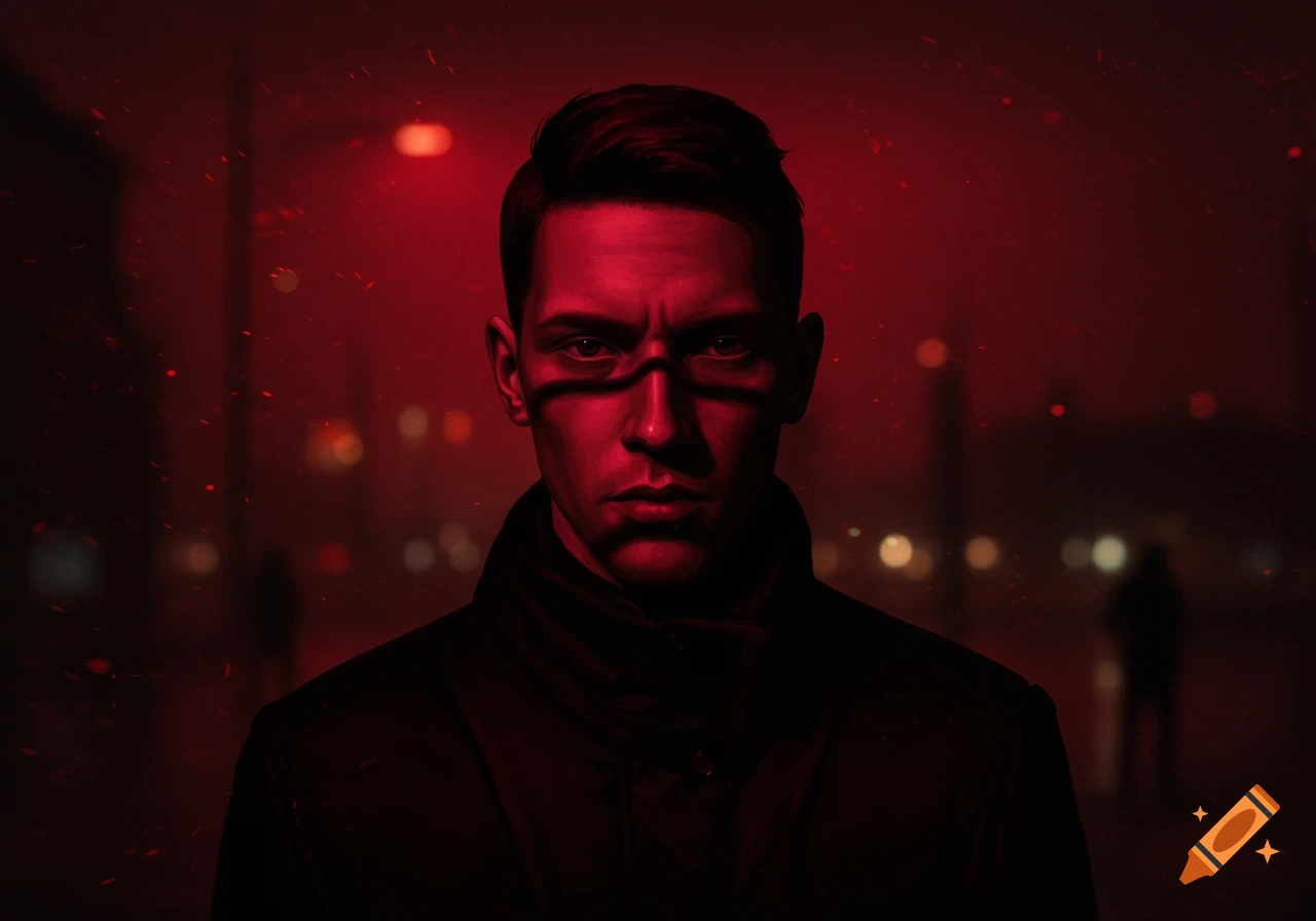 A man's face is illuminated by a stark red light, with a shadow crossing his eyes, set against a blurry, dark urban background.
