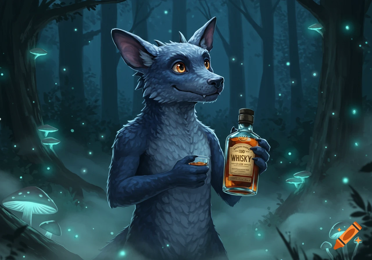 A blue-furred, dog-like creature with glowing orange eyes holds a bottle of whiskey and a glass in a mystical, dark forest with glowing mushrooms and fireflies.