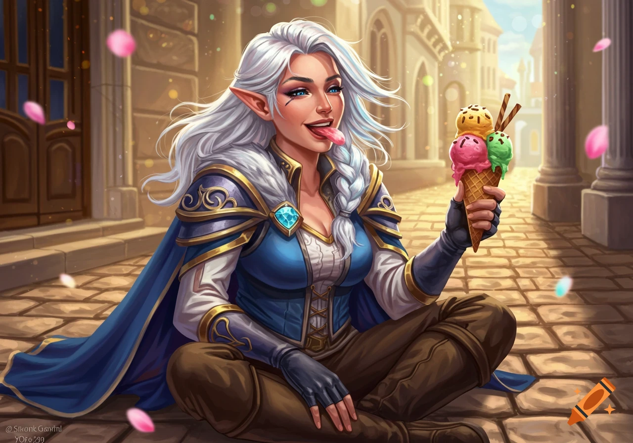 A white-haired fantasy sorceress in blue and gold armor sits cross-legged on a stone street, sticking out her tongue while holding a triple-scoop ice cream cone in a vibrant digital art style.