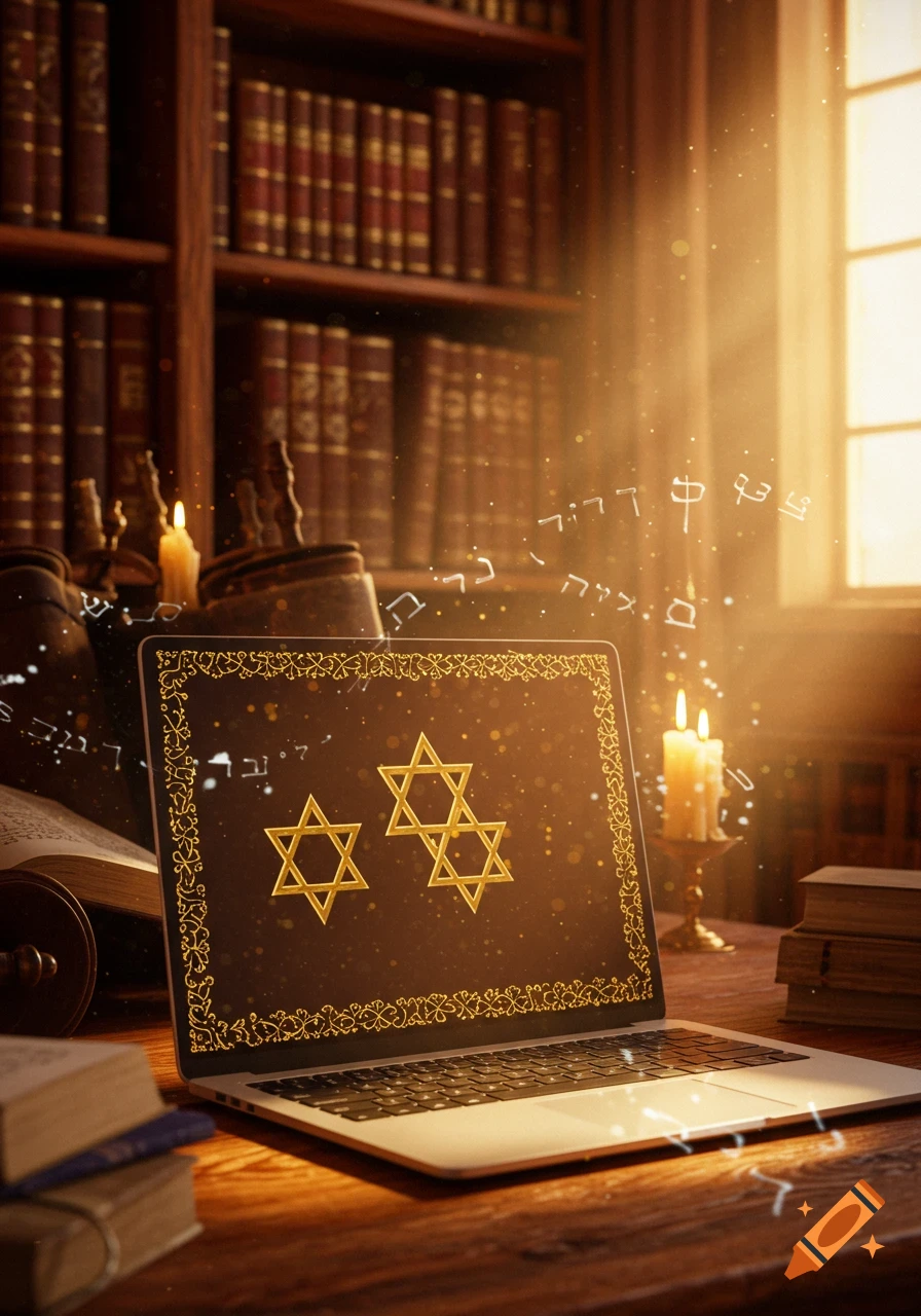 A laptop on a wooden desk displays two golden Stars of David on its screen. Glowing Hebrew letters float in the air around the laptop, with bookshelves and a window in the background.
